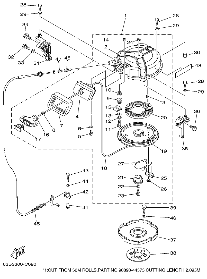 Yamaha 40VMHO, 40VEO, 40YETO STARTER parts diagram